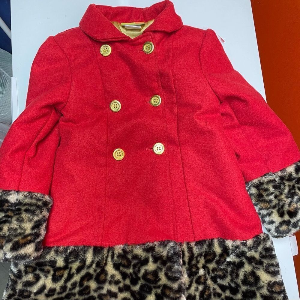 Girls Penelope Mack LTD size 6 X 6x pea coat red leopard animal print wool
